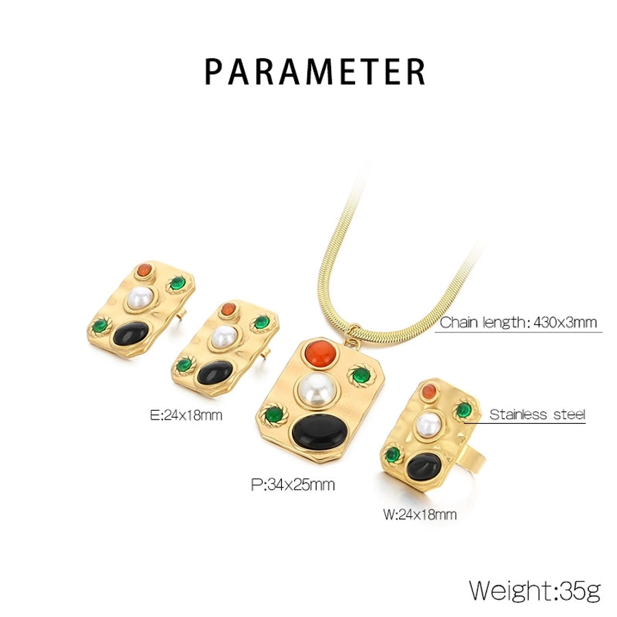 Jewelry Elegant Vintage Style Streetwear Square 304 Stainless Steel Artificial Gemstones Turquoise Pearl 18K Gold Plated Inlay Jewelry Set