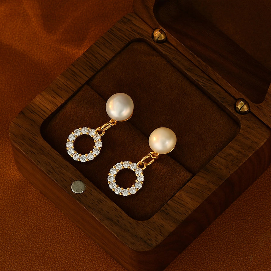 1 Pair Retro French Style Round Heart Shape Copper Zircon 18K Gold Plated Drop Earrings