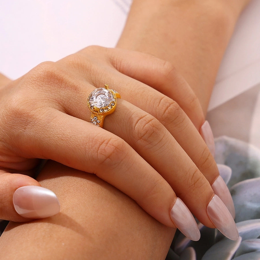 Jewelry Vintage Style Geometric Oval Titanium Steel Zircon 18K Gold Plated Inlay Rings