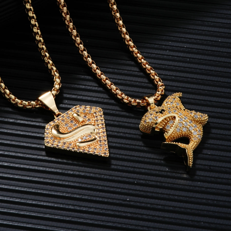 Hip-Hop Rock Shiny Shark 304 Stainless Steel Copper Inlay Zircon K Gold Plated Unisex Pendant Necklace
