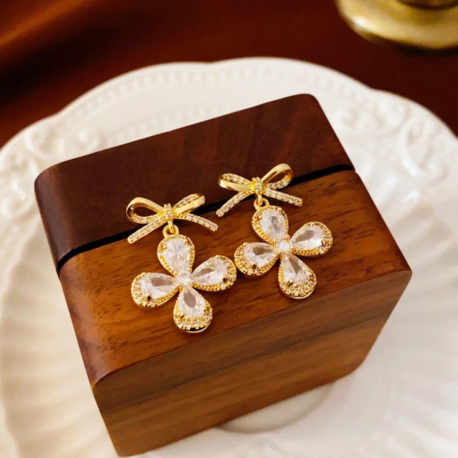 1 Pair Casual Simple Style Streetwear Bow Knot Plating Copper Zircon Drop Earrings