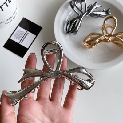 Ribbon bow hairpin for women  new back head clip shark clip high-end silver metal clip hairpin