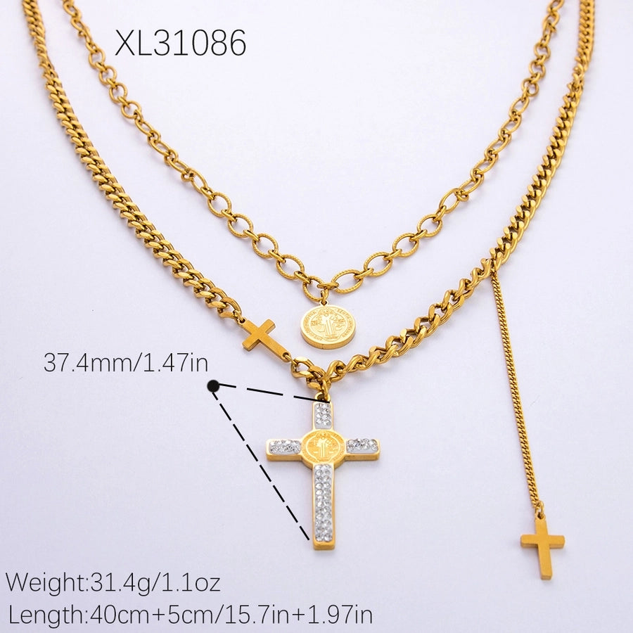Jewelry Vintage Style Cross 304 Stainless Steel Plating Double Layer Necklaces