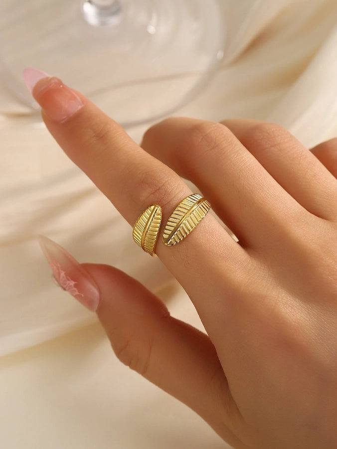 Jewelry Elegant Leaves Feather 304 Stainless Steel Open Rings