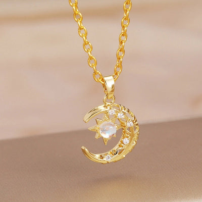 201 Stainless Steel Copper Gold Plated Plating Inlay Moon Resin Zircon Pendant Necklace
