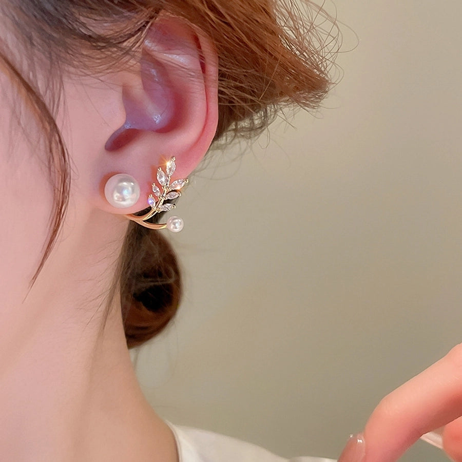 1 Pair Casual Simple Style Streetwear Leaf Plating Copper Artificial Pearls Zircon Earrings