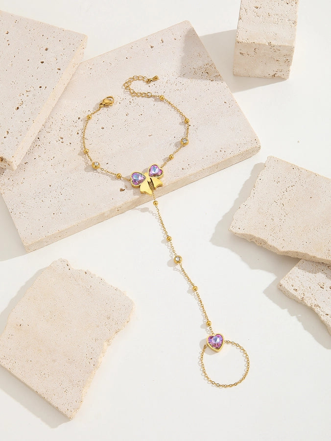 Simple Style Classic Style Petal Butterfly Bow Knot Titanium Steel 18K Gold Plated Rhinestones Bracelets In Bulk