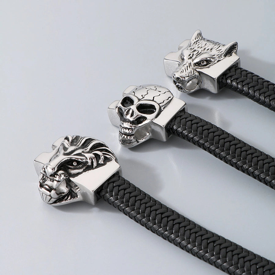 Business Lion's head Wolf Head Skull 304 Stainless Steel Leather 18K Gold Plated Men's Bracelets