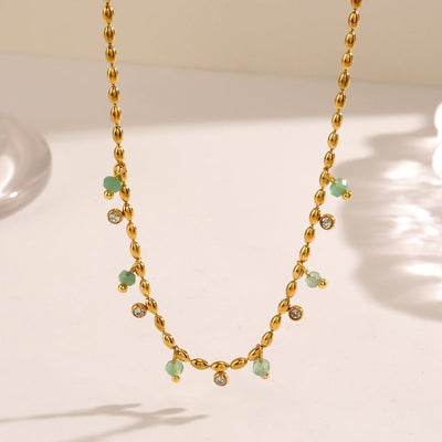Jewelry Casual Vintage Style Round 304 Stainless Steel Zircon 18K Gold Plated Green Aventurine Inlay Necklace