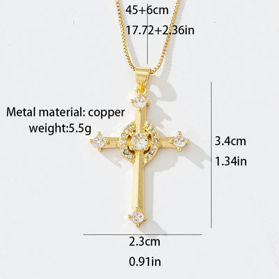Copper box chain 18K Gold Plated Inlay Carving Cross Zircon Pendant Necklace