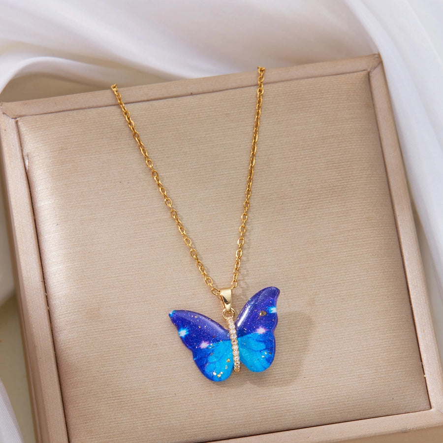Jewelry Elegant Cute Classic Style Butterfly 201 Stainless Steel Resin Copper Zircon Inlay Pendant Necklace