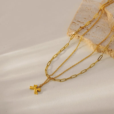 Jewelry IG Style Sweet Bow Knot 304 Stainless Steel Zircon Hollow Out Inlay Double Layer Necklaces