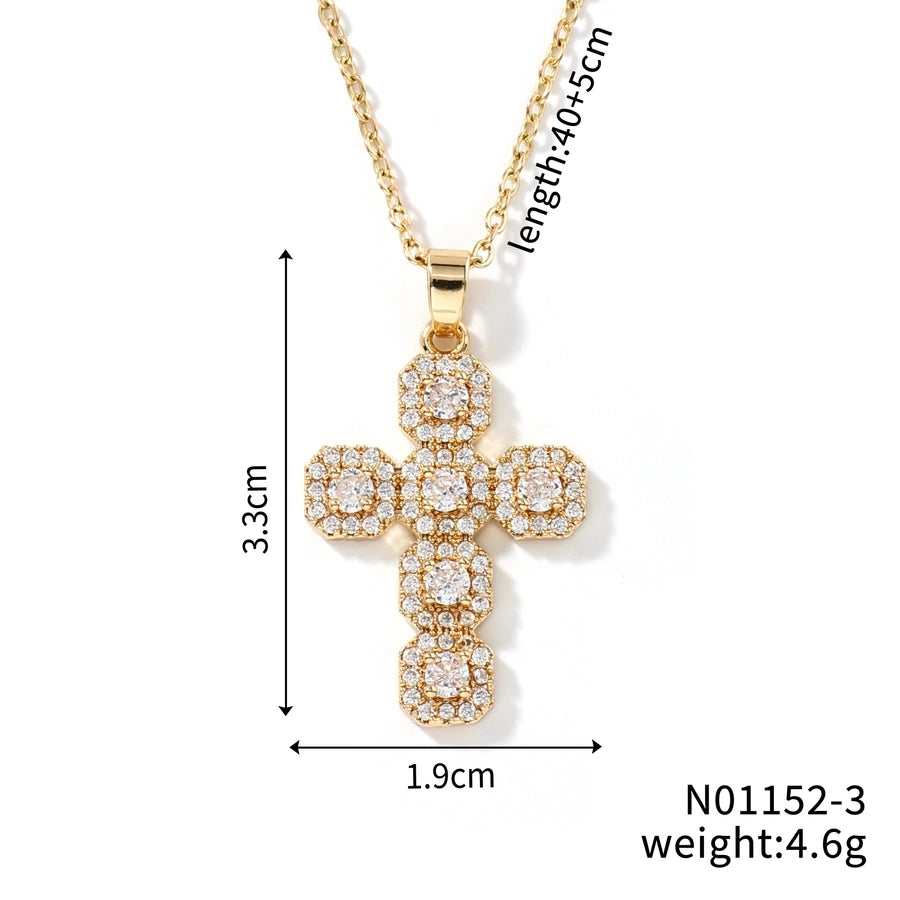 304 Stainless Steel Copper K Gold Plated Rhodium Plated Inlay Cross Zircon Pendant Necklace