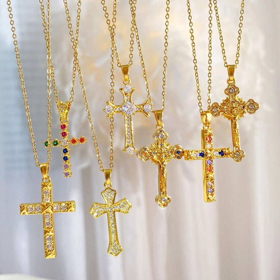 Copper cable chain Plating Cross Zircon Pendant Necklace