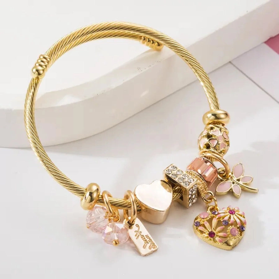 Simple Style Heart Shape Flower Dragonfly 304 Stainless Steel Zinc alloy Rhinestones Bangle In Bulk