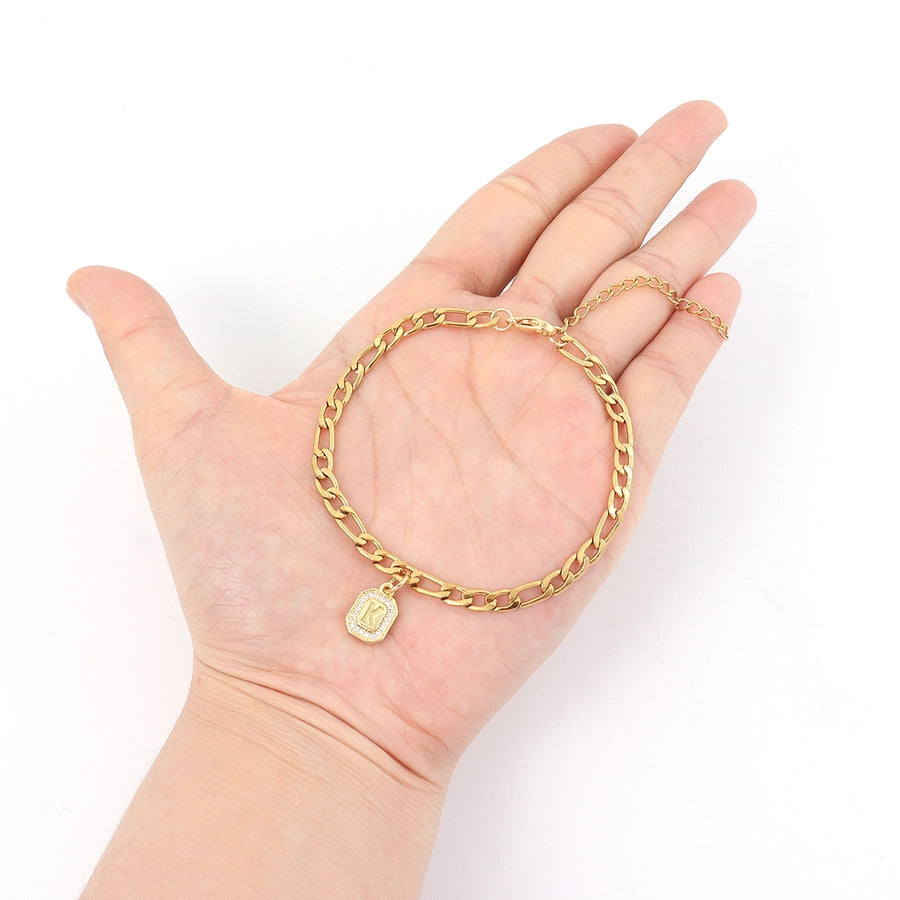 201 Stainless Steel Copper Inlay Letter Rectangle Zircon Bracelets