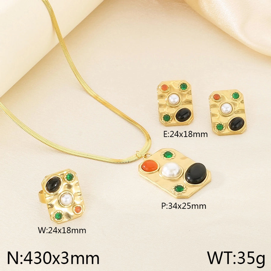 Jewelry Elegant Vintage Style Streetwear Square 304 Stainless Steel Artificial Gemstones Turquoise Pearl 18K Gold Plated Inlay Jewelry Set