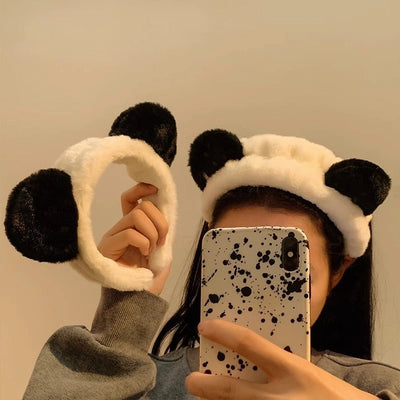 Cute cartoon plush panda ear headband facial mask for washing autumn and winter wide-brimmed hair band female Net Red