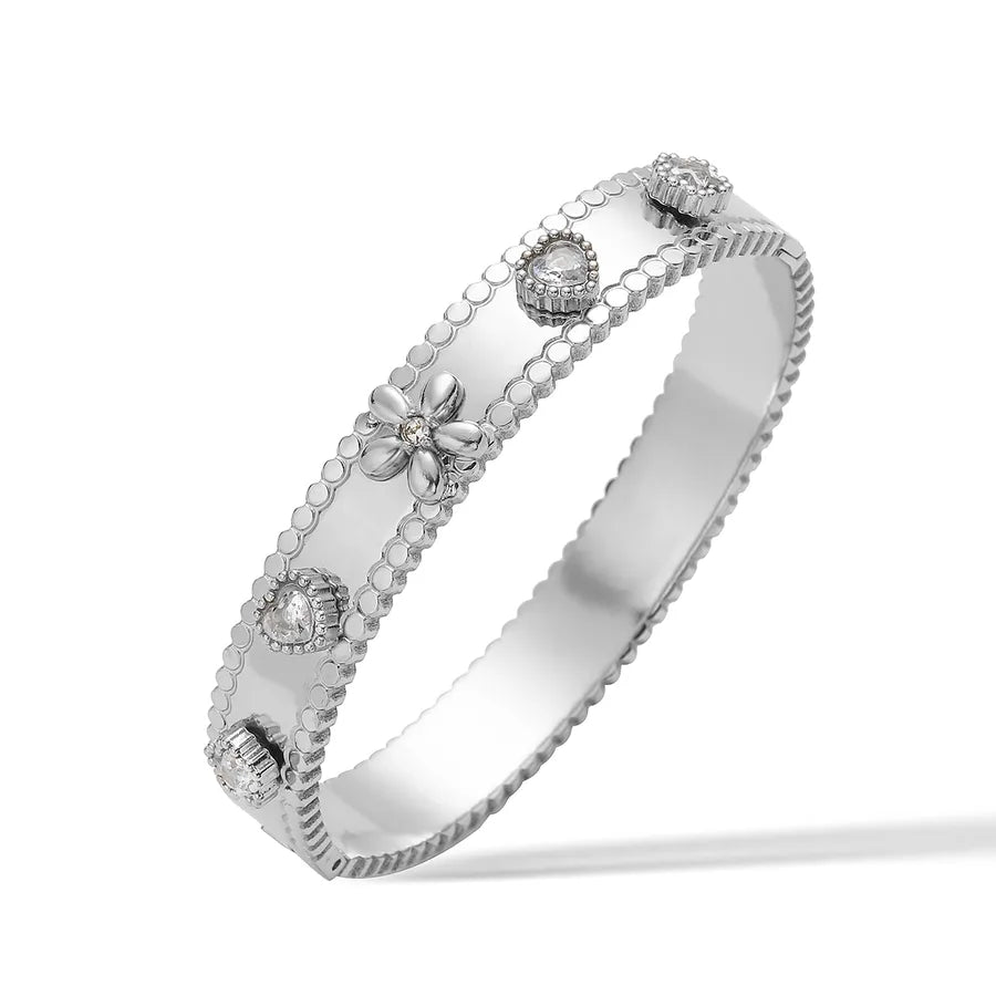 Retro Simple Style Commute Heart Shape Flower 304 Stainless Steel Zircon Bangle In Bulk