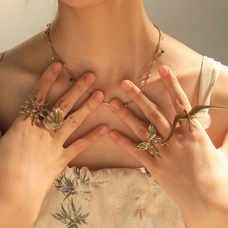 Jewelry Casual Retro Sun Swirl Pattern Butterfly 304 Stainless Steel 14K Gold Plated Open Rings