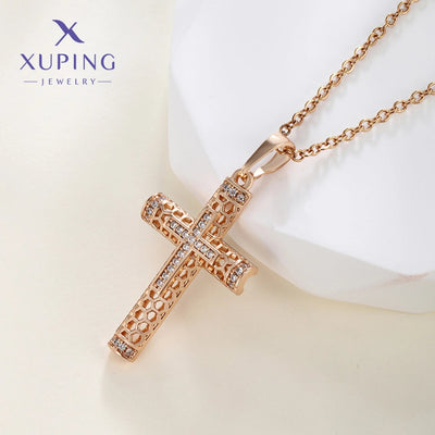 Copper 18K Gold Plated Plating Hollow Out Inlay Cross Zircon Pendant Necklace