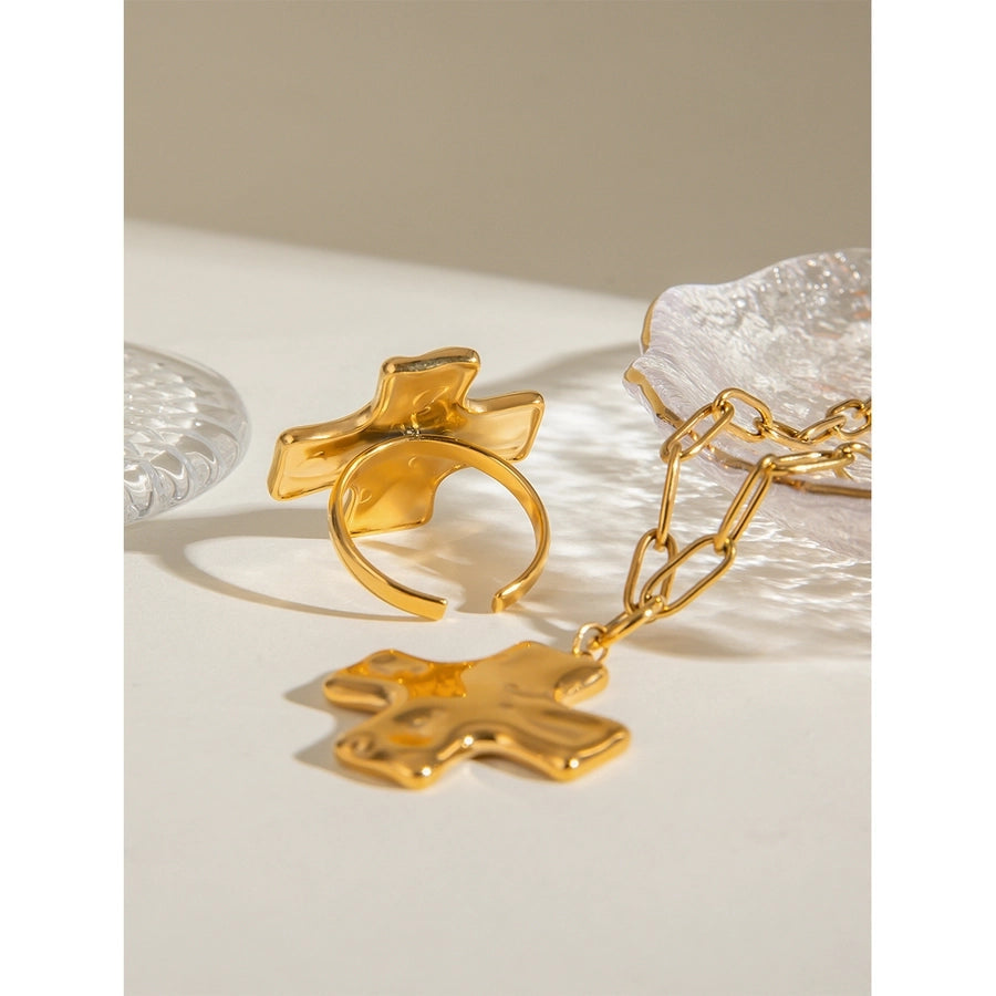 18K Gold Stainless Steel Hammer Pattern Oil Pressure Cross Pendant Clip Chain Necklace