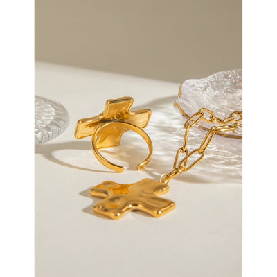 18K Gold Stainless Steel Hammer Pattern Oil Pressure Cross Pendant Clip Chain Necklace