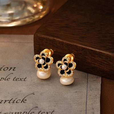 1 Pair Glam Luxurious French Style Flower Inlay Copper Freshwater Pearl Zircon 18K Gold Plated Ear Studs