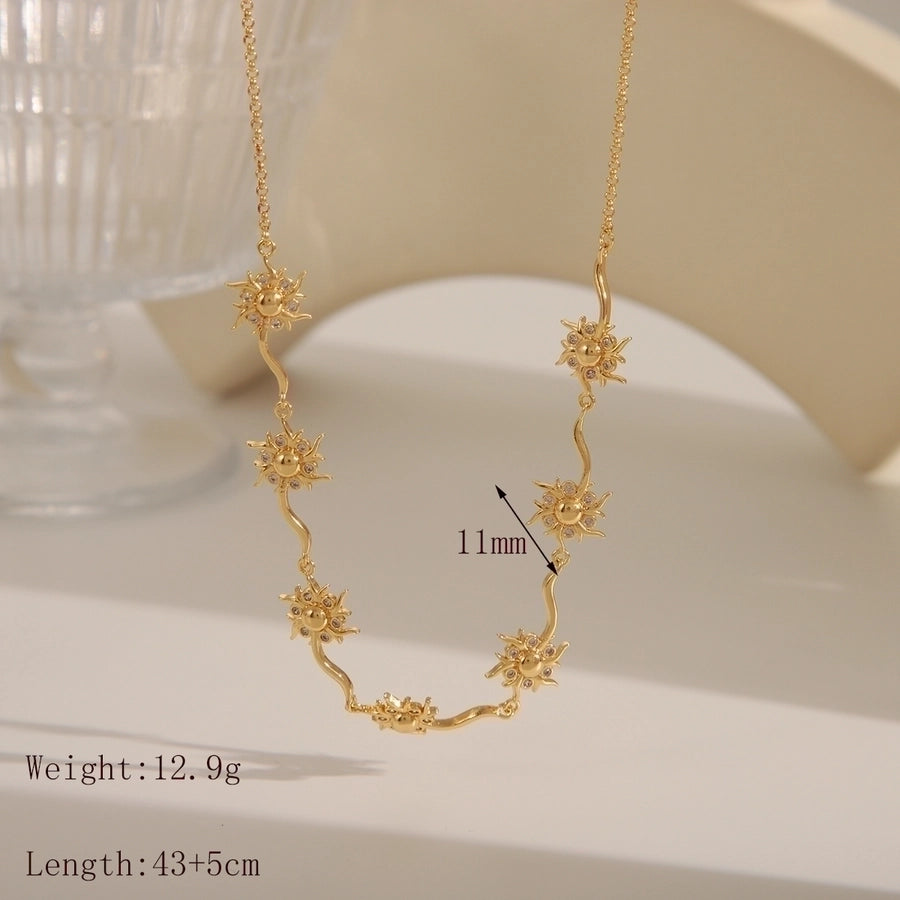 Copper 14K Gold Plated Inlay Sun rose flower Bow Knot Zircon Bracelets Necklace