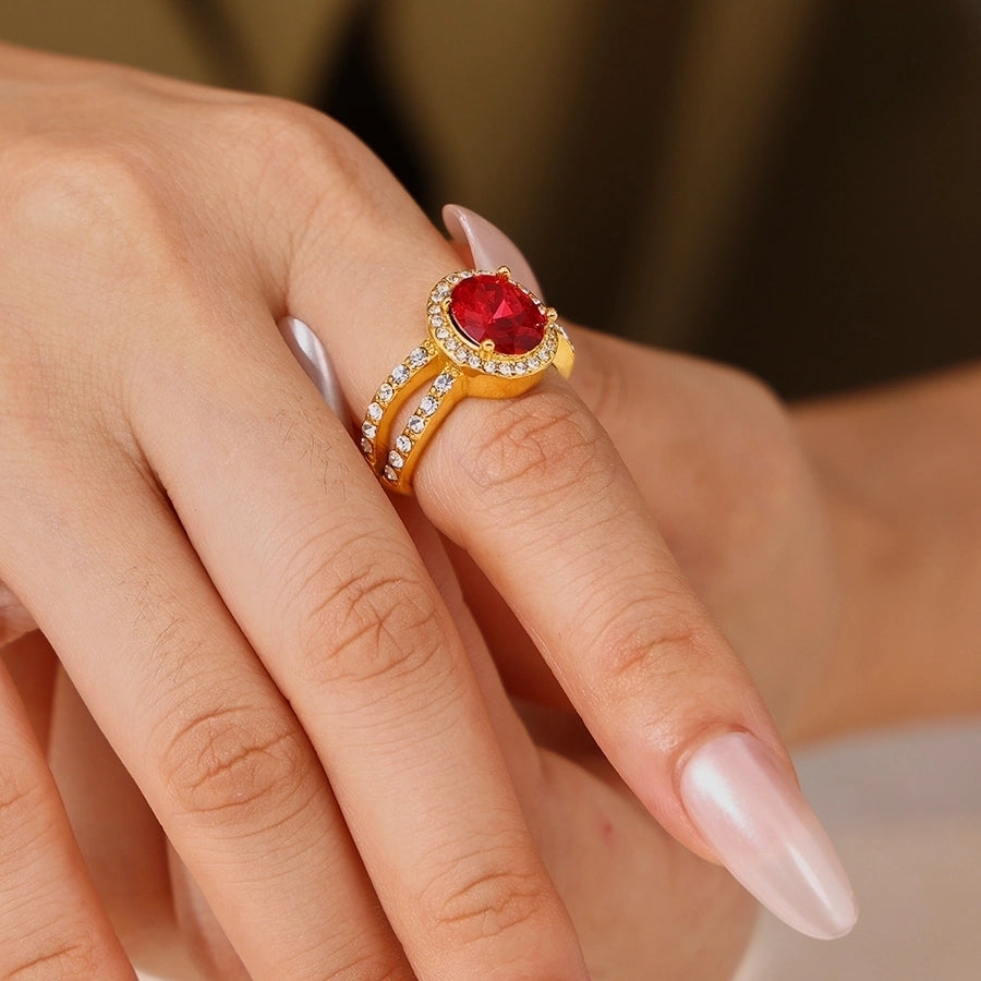 Jewelry Vintage Style Geometric Oval Titanium Steel Zircon 18K Gold Plated Inlay Rings