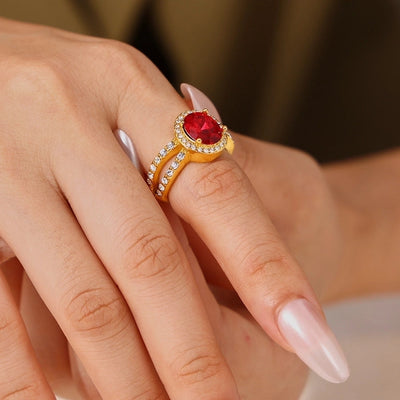 Jewelry Vintage Style Geometric Oval Titanium Steel Zircon 18K Gold Plated Inlay Rings