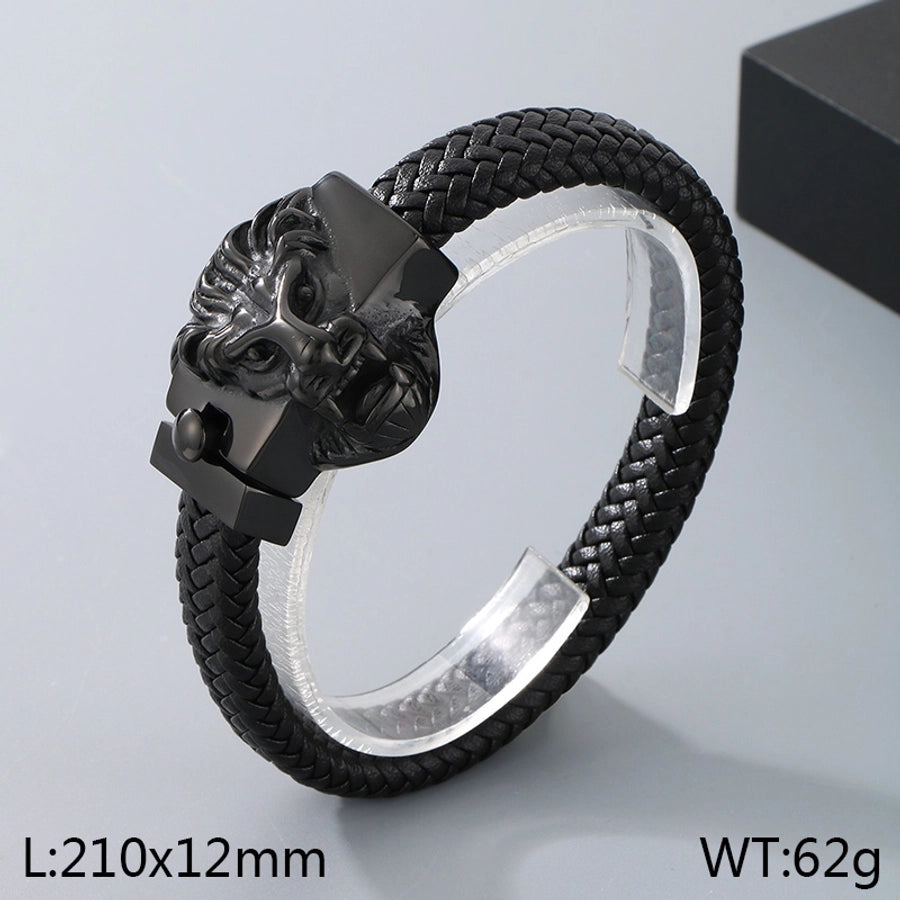 Business Lion's head Wolf Head Skull 304 Stainless Steel Leather 18K Gold Plated Men's Bracelets