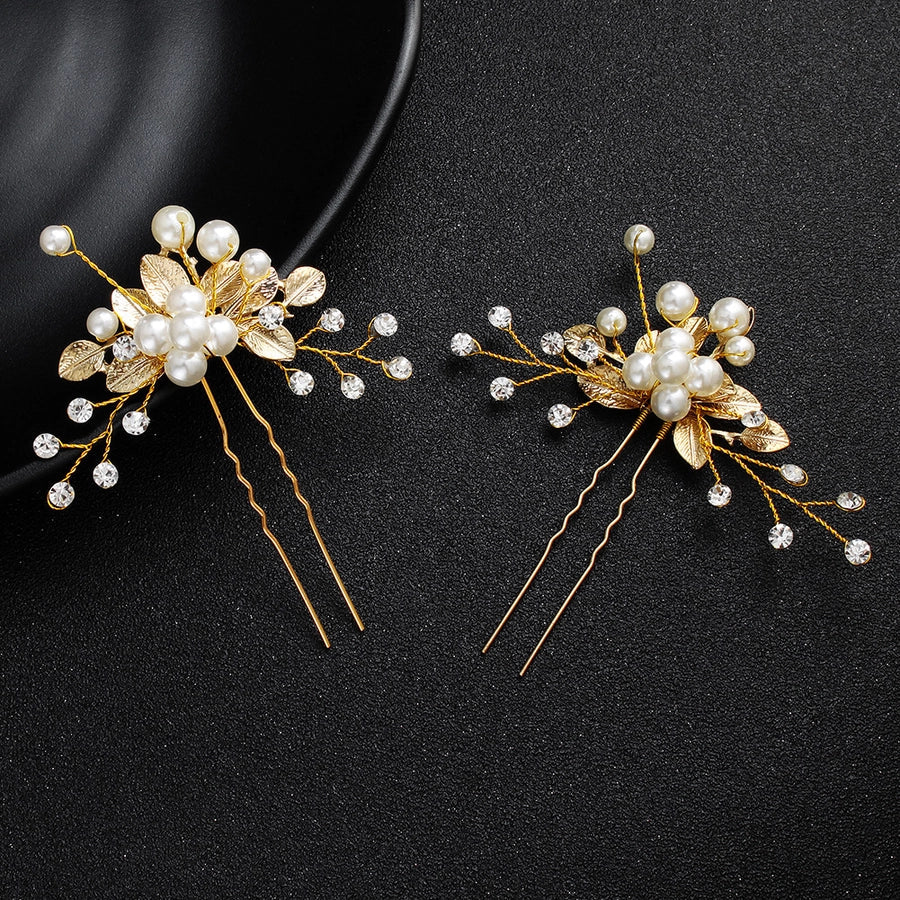 korean bridal headdress pearl u-shaped hairpin alloy flower hair beads