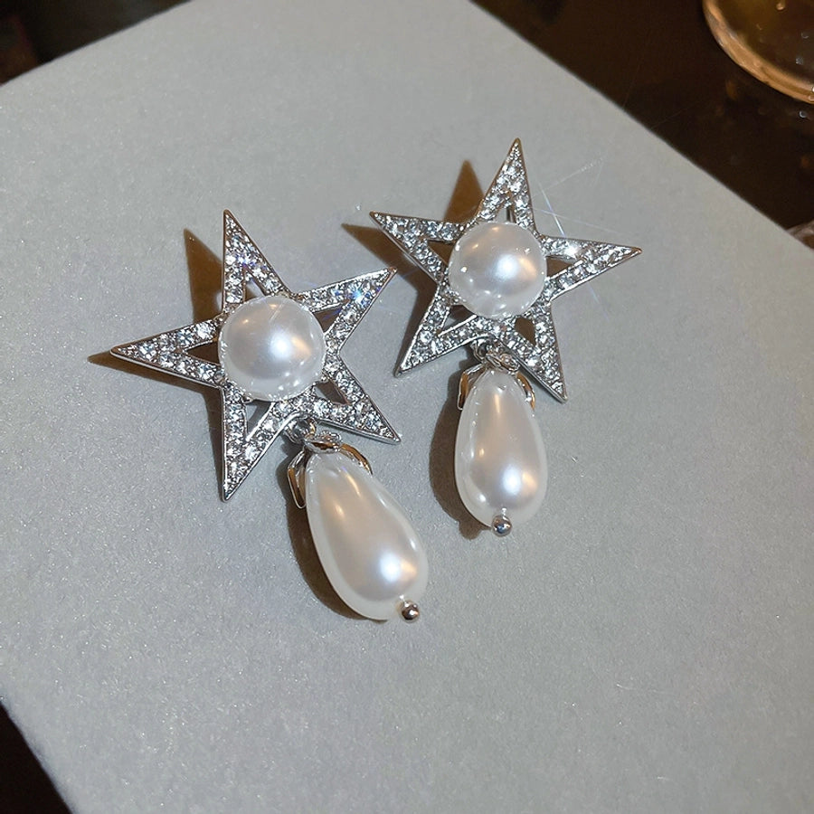1 Pair Casual Simple Style Streetwear Star Water Droplets Inlay Copper Artificial Pearls Zircon Drop Earrings