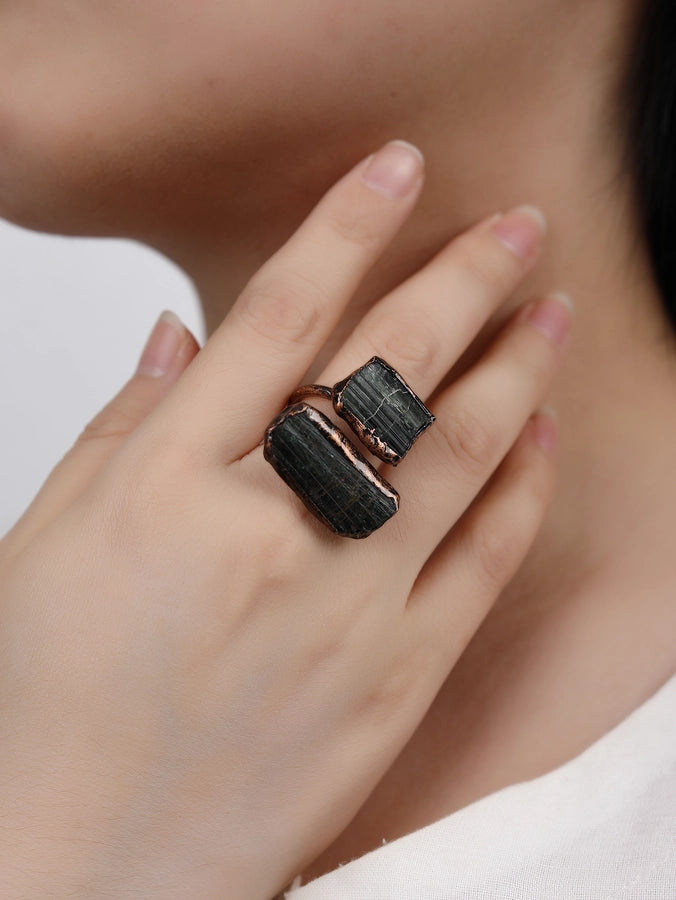 Gem Stone Copper Asymmetrical Inlay Geometric Gem Argyle Natural Stone Gem Crystal Open Rings