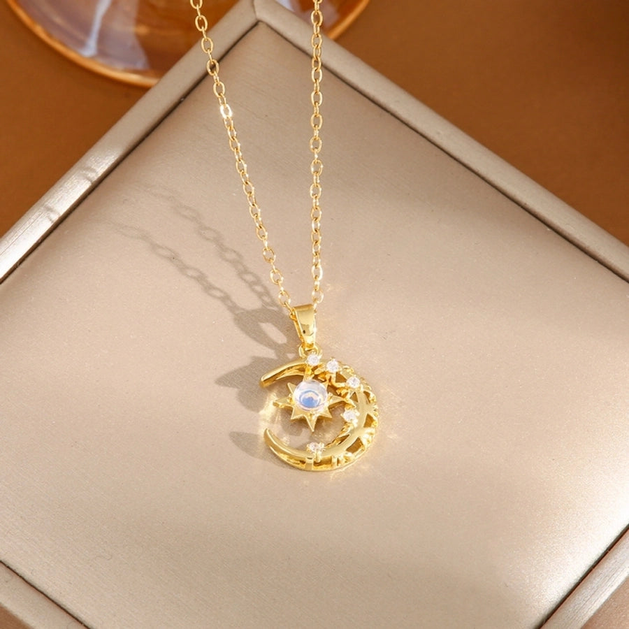201 Stainless Steel Copper Gold Plated Plating Inlay Moon Resin Zircon Pendant Necklace