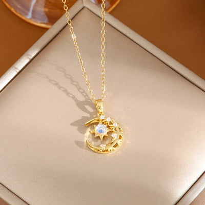 201 Stainless Steel Copper Gold Plated Plating Inlay Moon Resin Zircon Pendant Necklace