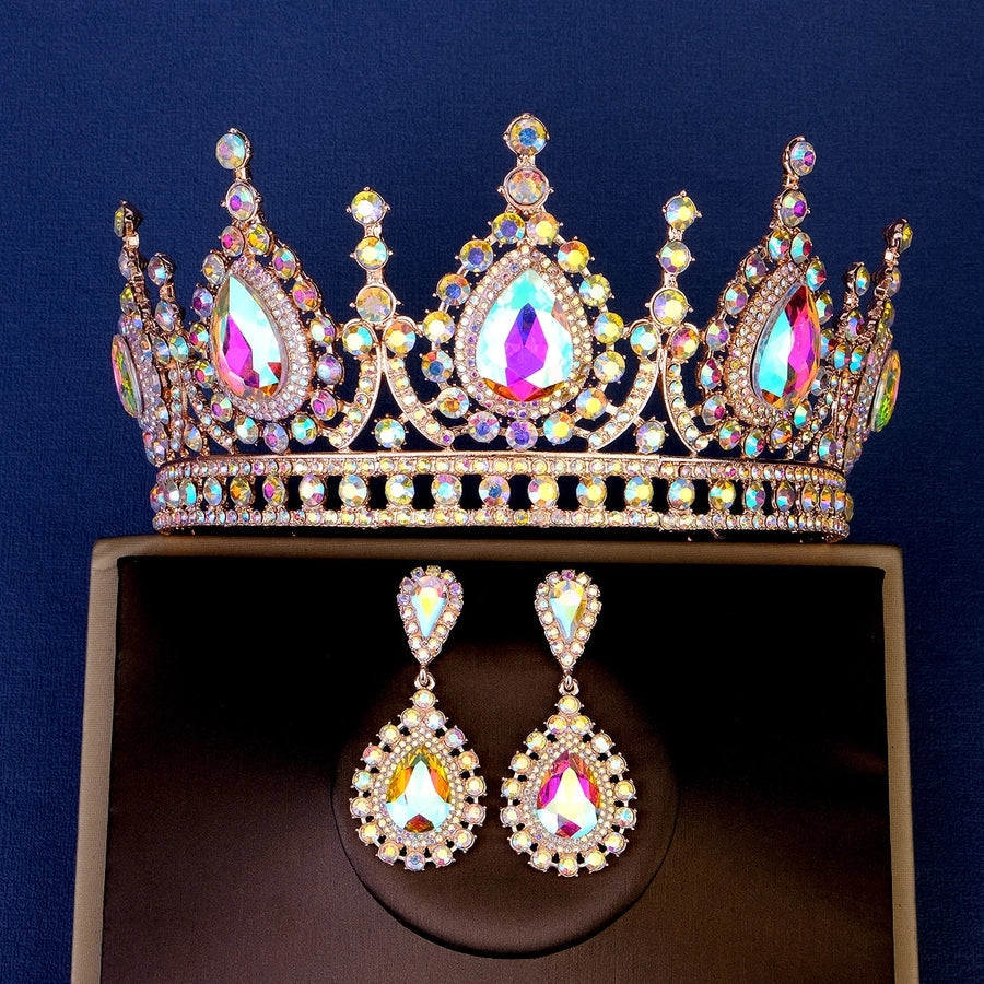 retro water droplets alloy hollow out inlay rhinestones crown earrings