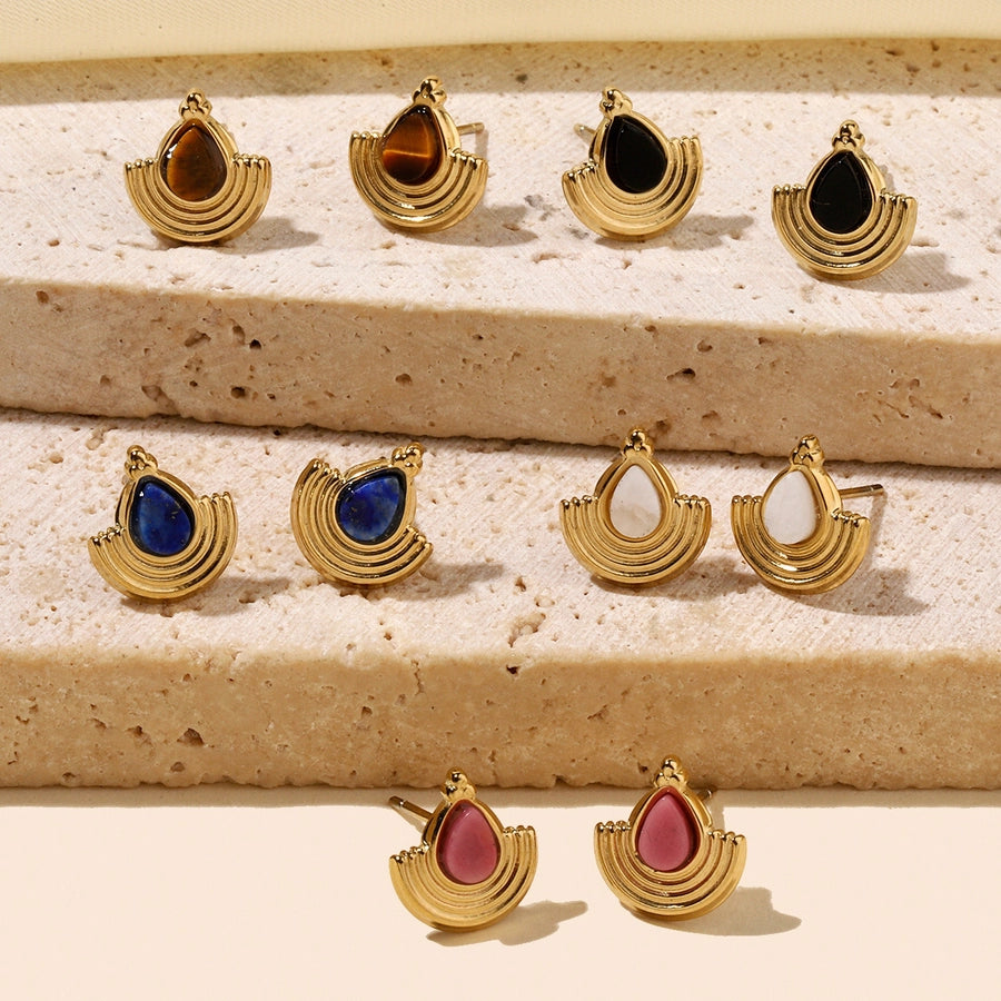 One Pack and Two Pairs Retro French Style Geometric Plating Titanium Steel Natural Stone 14K Gold Plated Ear Studs