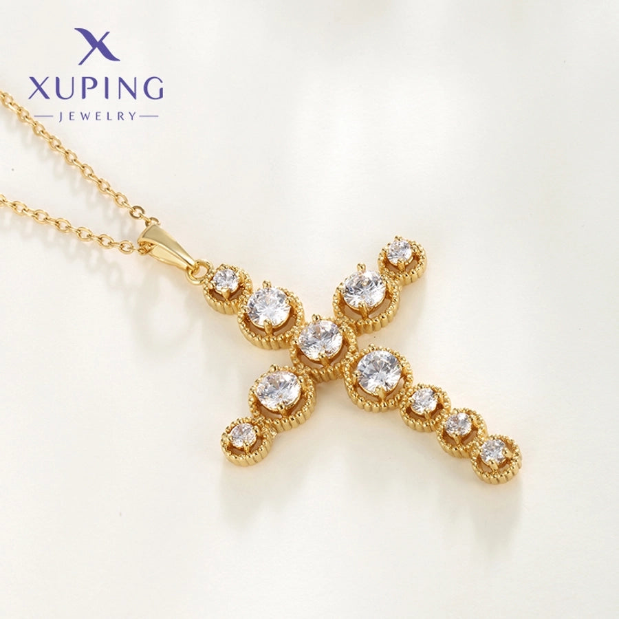 304 Stainless Steel Copper 18K Gold Plated Plating Inlay Cross Zircon Pendant Necklace
