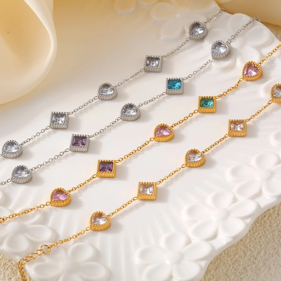 Preppy Style Commute Shiny Square Heart Shape Titanium Steel 18K Gold Plated Zircon Bracelets In Bulk