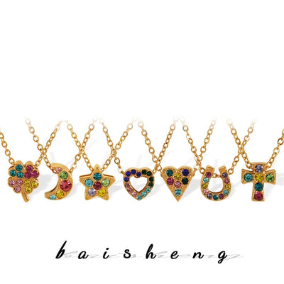 Jewelry IG Style Classic Style Geometric Moon Heart Shape Titanium Steel Rhinestones Plating Pendant Necklace