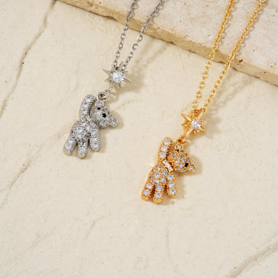 304 Stainless Steel Copper K Gold Plated Rhodium Plated Inlay Bear Zircon Pendant Necklace