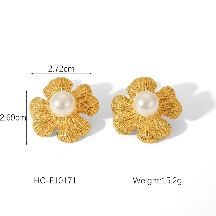 1 Piece IG Style Flower Plating Inlay 304 Stainless Steel Natural Stone Pearl 18K Gold Plated Drop Earrings Ear Studs