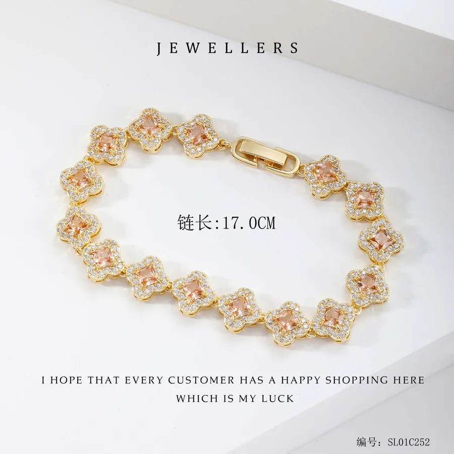 Wholesale Jewelry Elegant Classic Style Leaf Four Leaf Clover Copper Zircon Plating Bracelets Tennis Chain