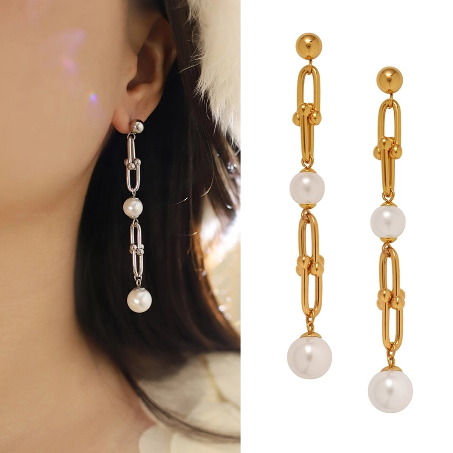 1 Pair Elegant Glam Geometric Inlay 304 Stainless Steel Pearl Drop Earrings