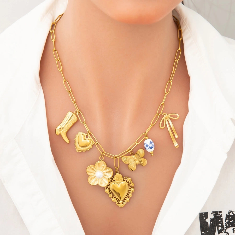 Jewelry Elegant Classic Style Heart Shape Flower 304 Stainless Steel Plating Multi Charms Necklace