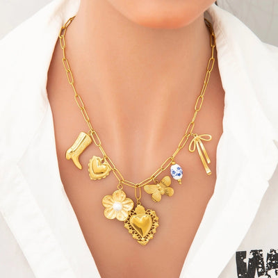 Jewelry Elegant Classic Style Heart Shape Flower 304 Stainless Steel Plating Multi Charms Necklace