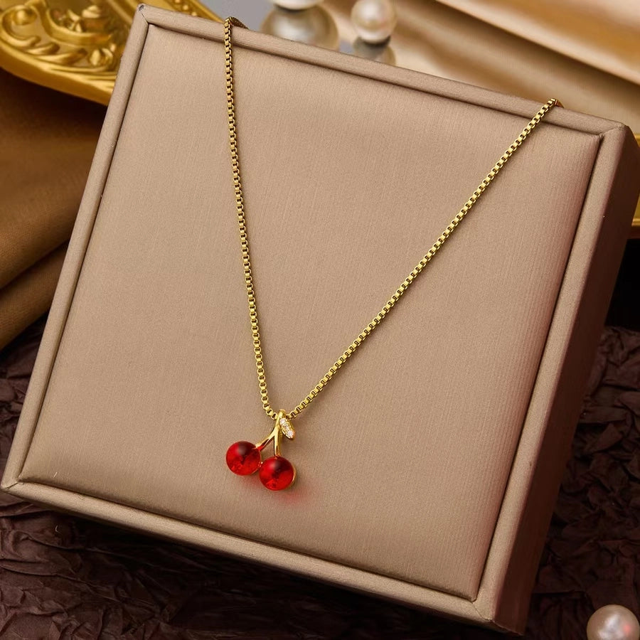 Jewelry Sweet Simple Style Cherry 304 Stainless Steel 18K Gold Plated Plating Pendant Necklace