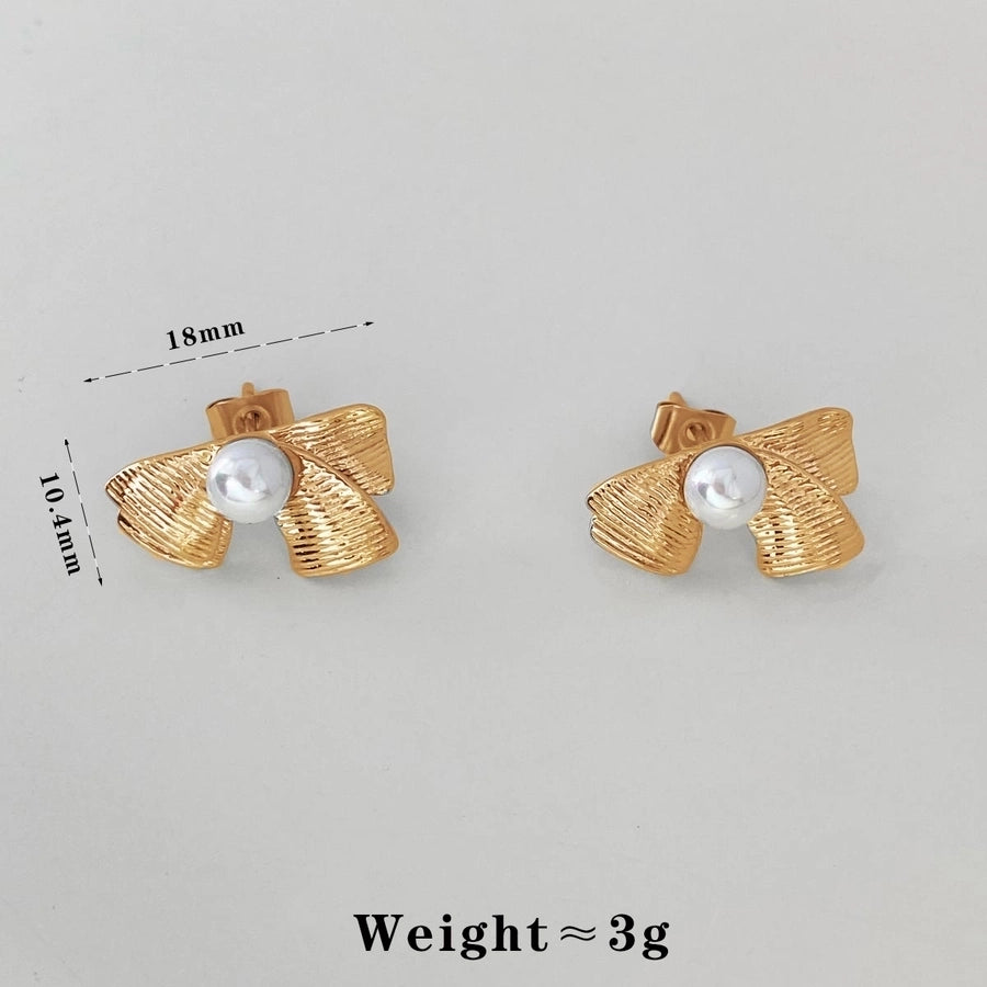 1 Pair Casual Modern Style Oval Bow Knot Inlay 304 Stainless Steel Pearl 16K Gold Plated White Gold Plated Gold Plated Ear Studs